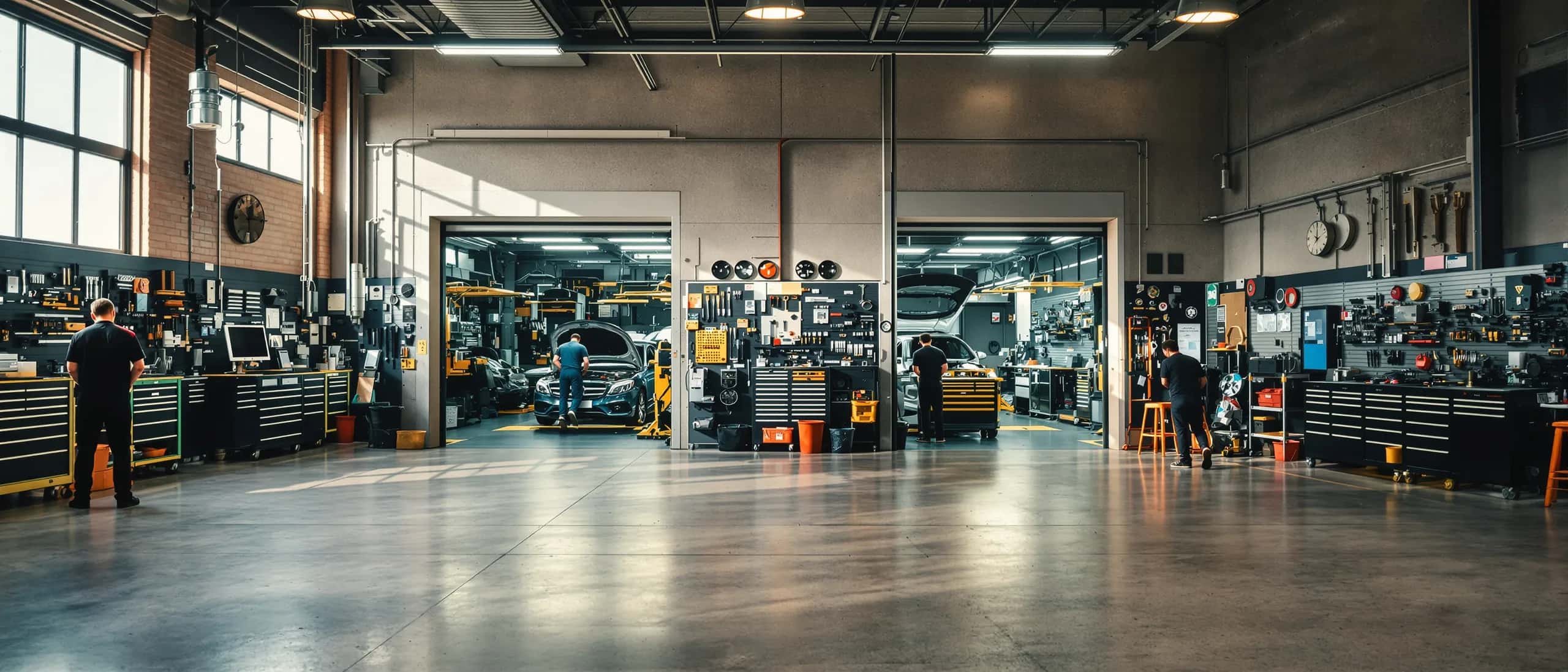 Symbolbild – Blick in eine moderne Mehrmarken-Werkstatt mit zwei belegten Arbeitsplätzen