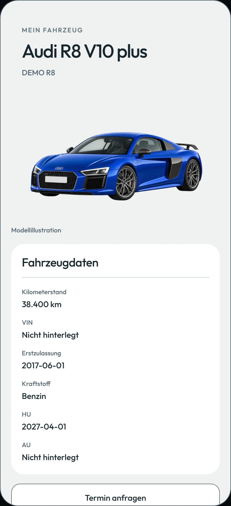 Aktuelle App-Ansicht: Ihre Fahrzeugakte mit Beispieldaten