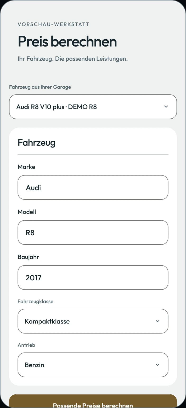 Aktuelle App-Ansicht: Preis berechnen mit Beispieldaten