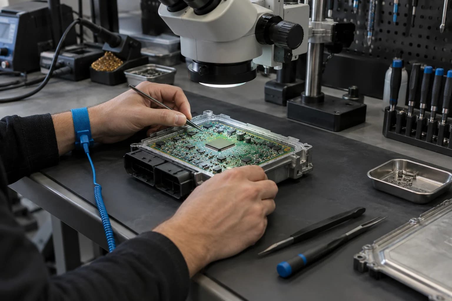 Präzise Elektronikarbeit am Mikroskop-Arbeitsplatz