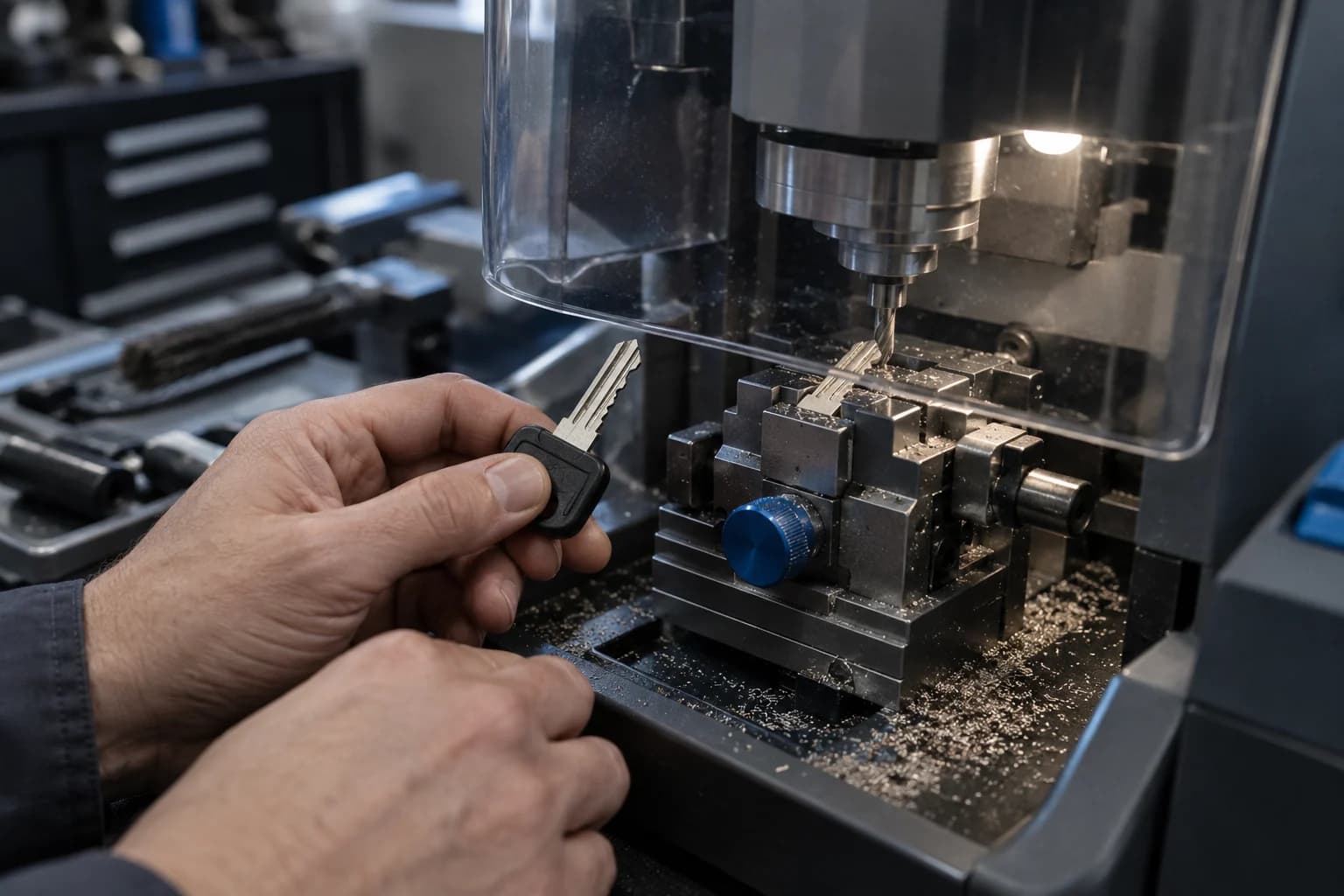 Schlüsselrohling in einer präzisen Autoschlüssel-Fräsmaschine