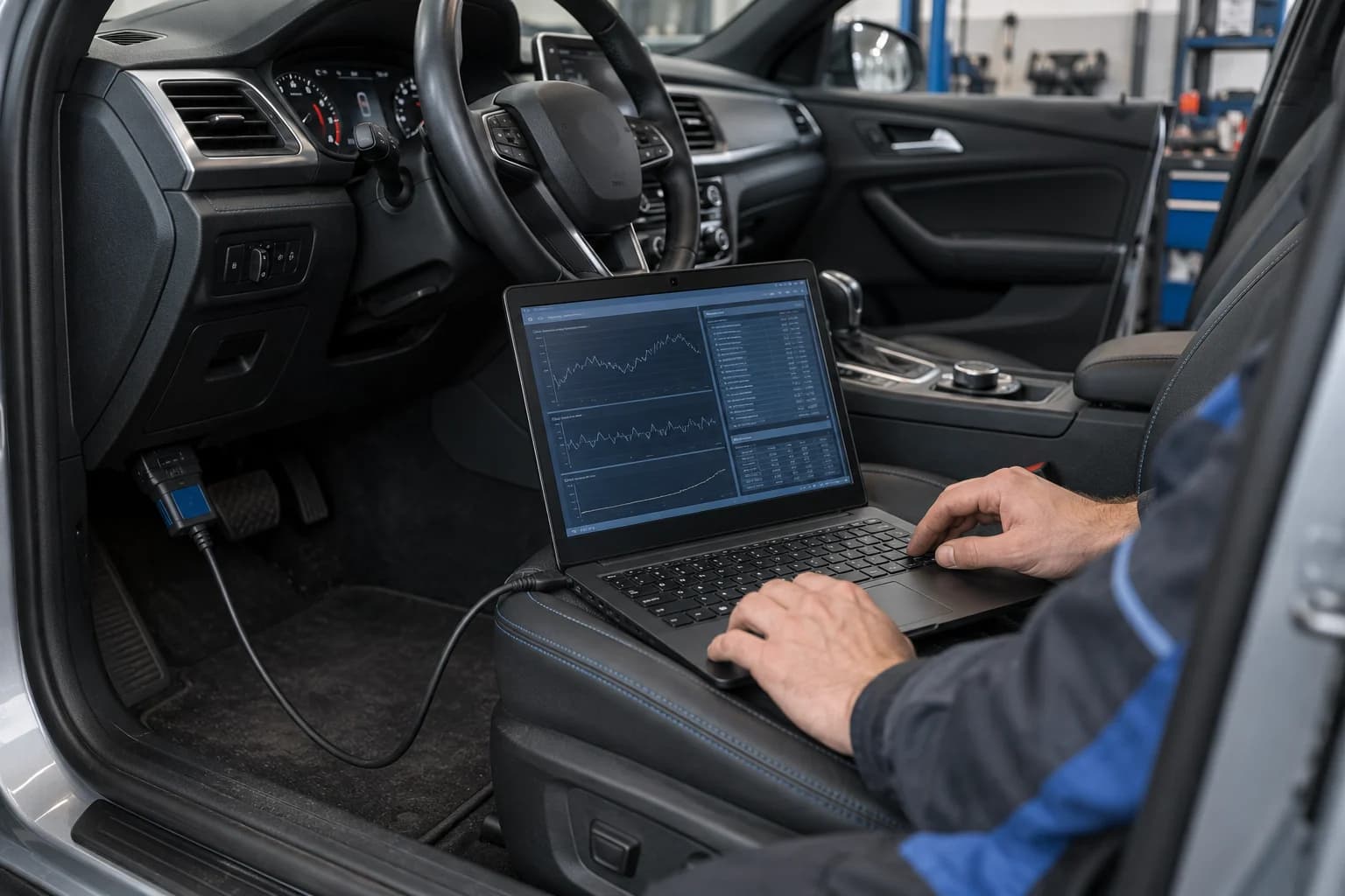 Diagnose und Softwareauswertung am Fahrzeug mit Laptop und Schnittstelle
