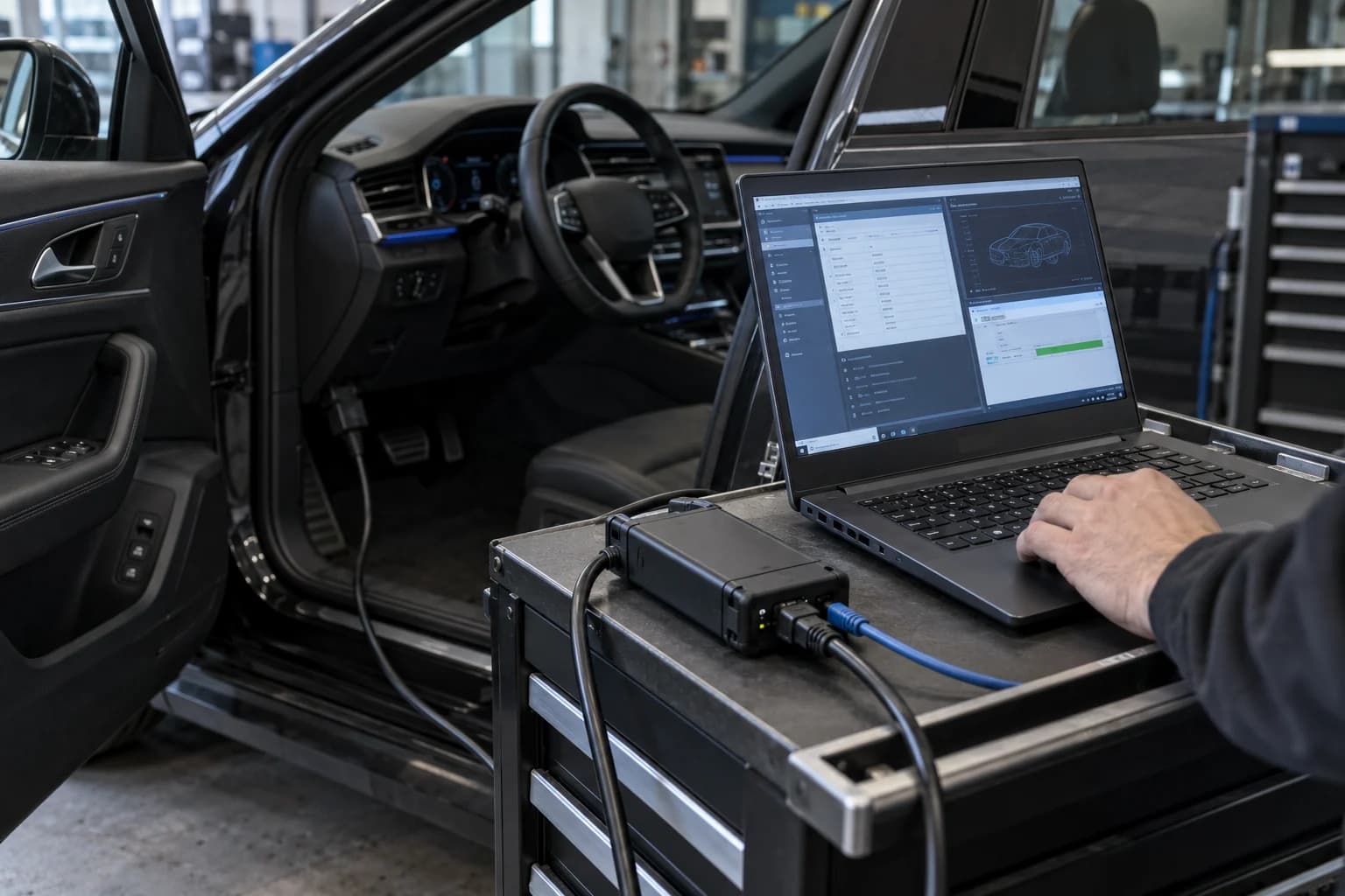 Fernunterstützung am Laptop mit Diagnoseinterface am Fahrzeug