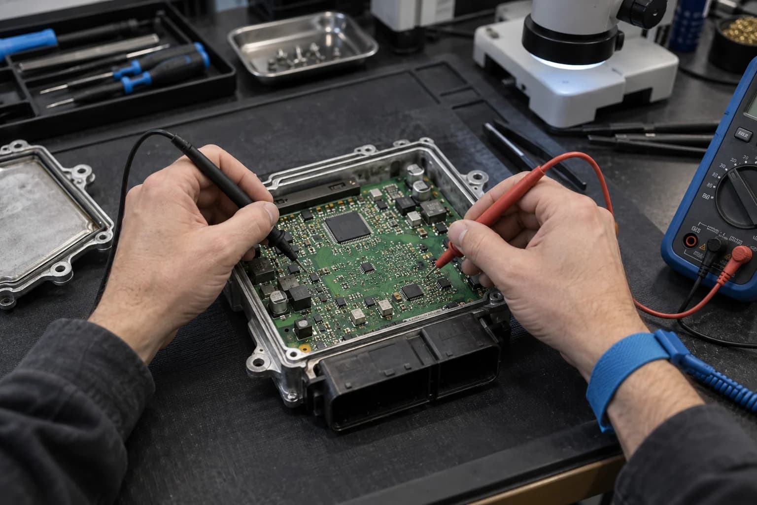 Prüfung einer Steuergeräteplatine mit Messspitzen auf einer ESD-Matte