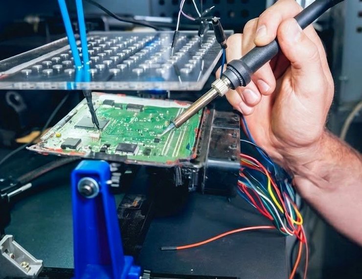Reparatur einer Steuergerät-Platine mit Lötkolben